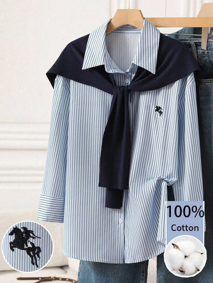Franclia Women's Casual College Back To School Embroidered Horse Woven Striped Patchwork Knit Solid Color Shawl Faux Two Pieces Regular Long Sleeve Shirt, Autumn