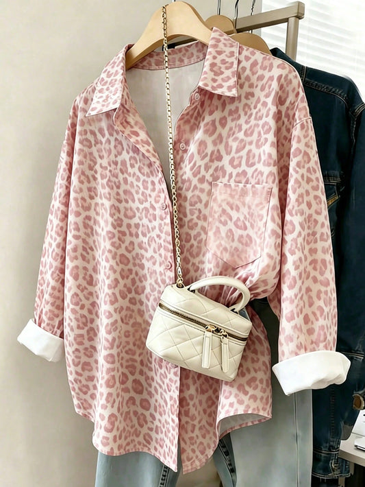 Franclia Women's Casual Loose Long Sleeve Leopard Print Shirt, Minimalist Versatile Spring Fall Everyday Daily Wear Blouse