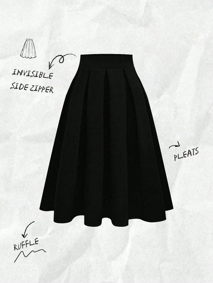 Franclia Women's Casual Pleated A-Line Black Skirt, Versatile For Spring & Autumn