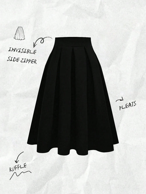 Franclia Women's Casual Pleated A-Line Black Skirt, Versatile For Spring & Autumn