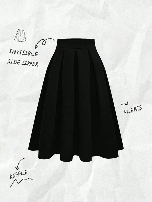 Franclia Women's Casual Pleated A-Line Black Skirt, Versatile For Spring & Autumn