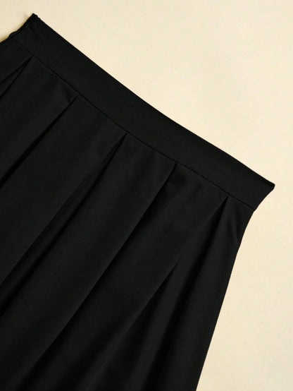 Franclia Women's Casual Pleated A-Line Black Skirt, Versatile For Spring & Autumn