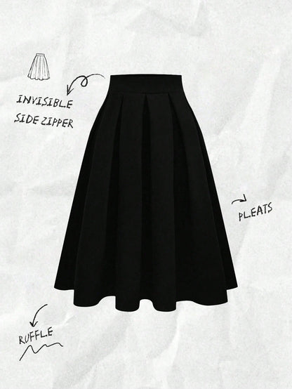 Franclia Women's Casual Pleated A-Line Black Skirt, Versatile For Spring & Autumn
