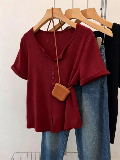 Franclia Women's Casual Retro Minimalist Mori Girl Commuter Button Short Sleeve T-Shirt