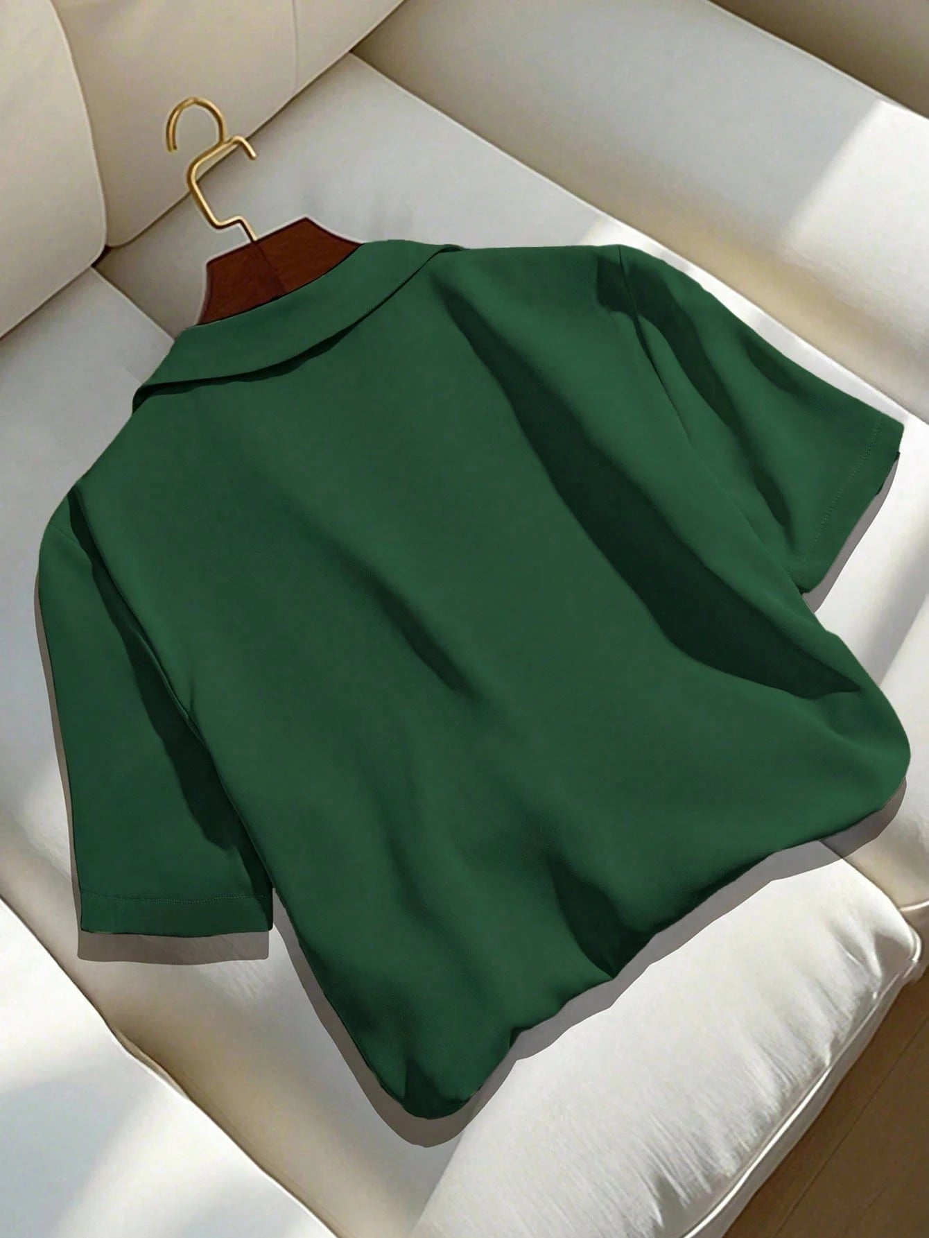 Franclia Women's Elegant Green Summer Casual Office Shirt,Solid Color Turndown Collar Short Sleeve Top Party Wear
