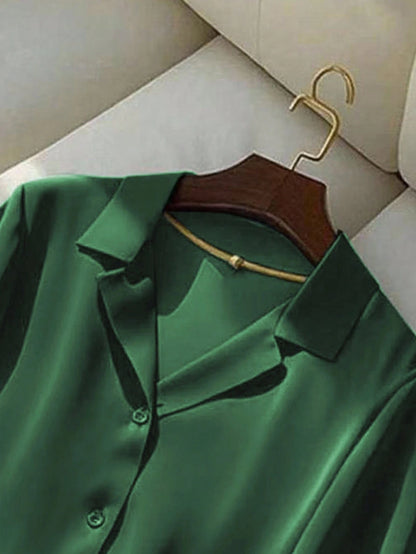 Franclia Women's Elegant Green Summer Casual Office Shirt,Solid Color Turndown Collar Short Sleeve Top Party Wear