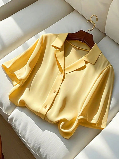Franclia Women's Elegant Green Summer Casual Office Shirt,Solid Color Turndown Collar Short Sleeve Top Party Wear