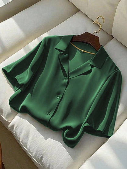 Franclia Women's Elegant Green Summer Casual Office Shirt,Solid Color Turndown Collar Short Sleeve Top Party Wear