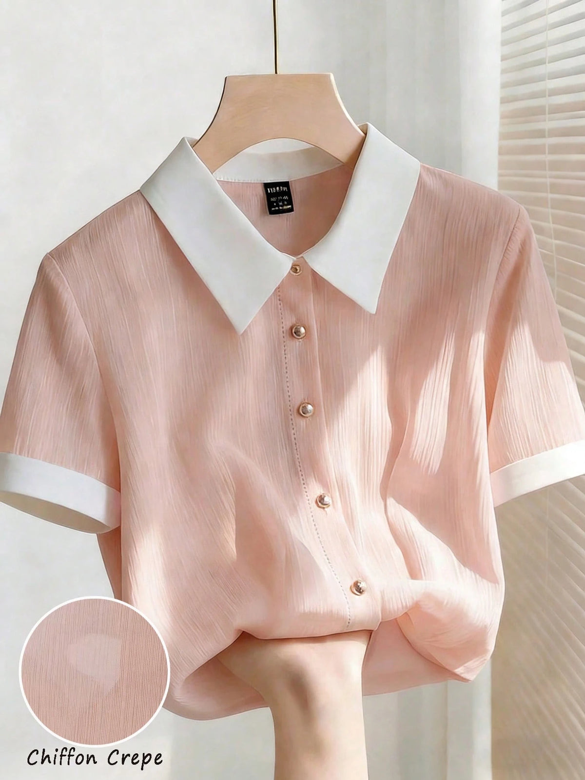 Franclia Women's Elegant Pink Chiffon Crinkle White Collar Loose Short Sleeve Blouse
