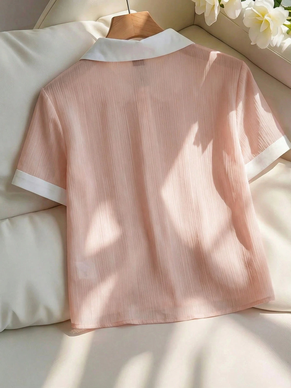 Franclia Women's Elegant Pink Chiffon Crinkle White Collar Loose Short Sleeve Blouse