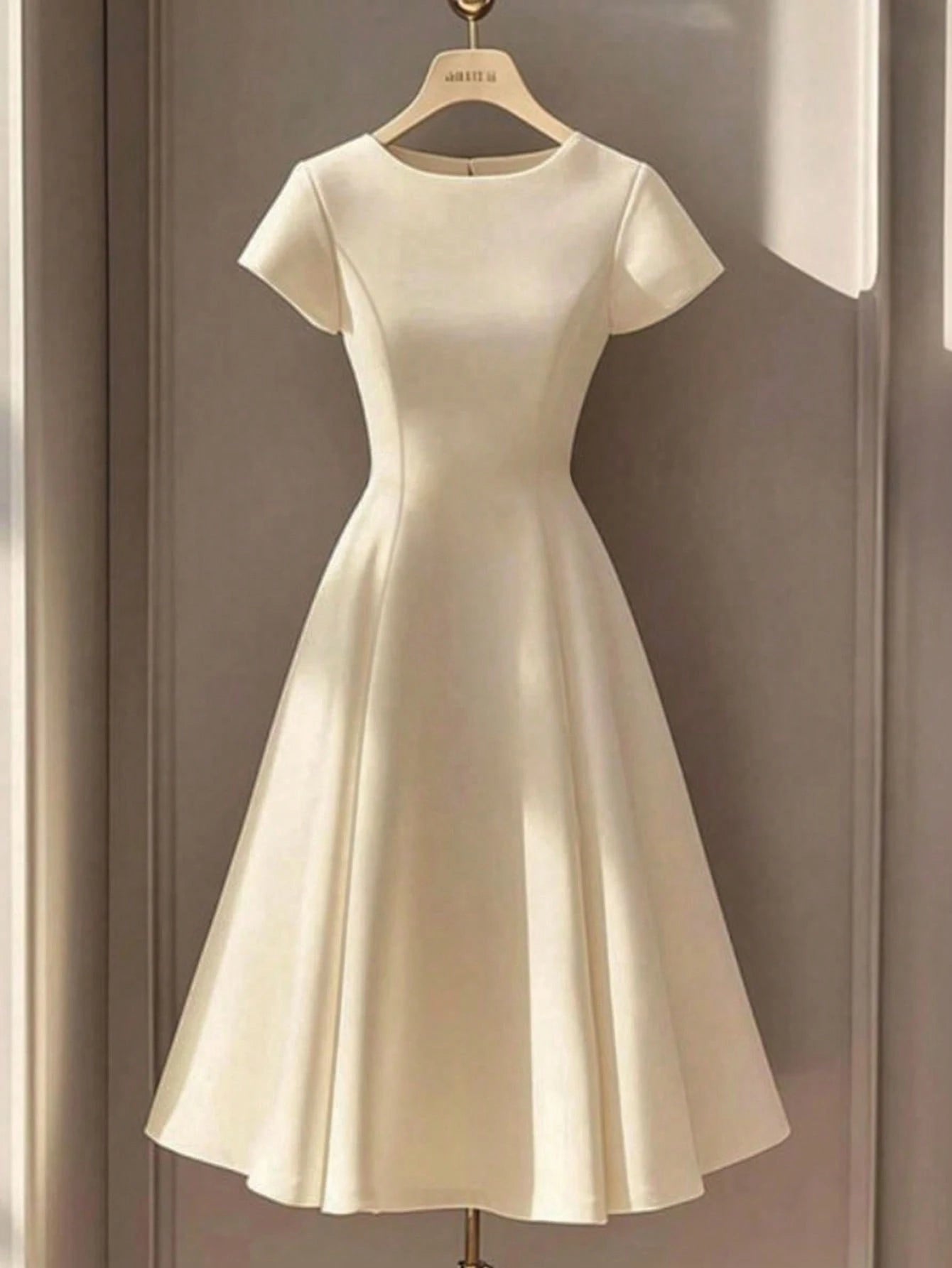 Franclia Women's Elegant Round Neck Short Sleeve Solid Color White Long Knit Dress