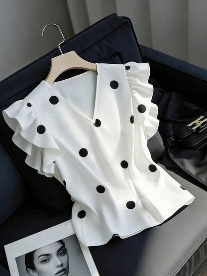 Franclia Women's Elegant White With Black Polka Dots Blouse,Ruffle Flutter Sleeve V-Neck Pullover,Office Business Casual Tops For Summer Vacation Wear