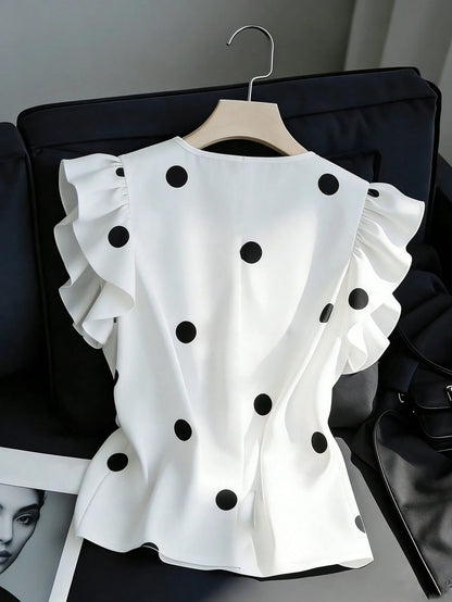 Franclia Women's Elegant White With Black Polka Dots Blouse,Ruffle Flutter Sleeve V-Neck Pullover,Office Business Casual Tops For Summer Vacation Wear
