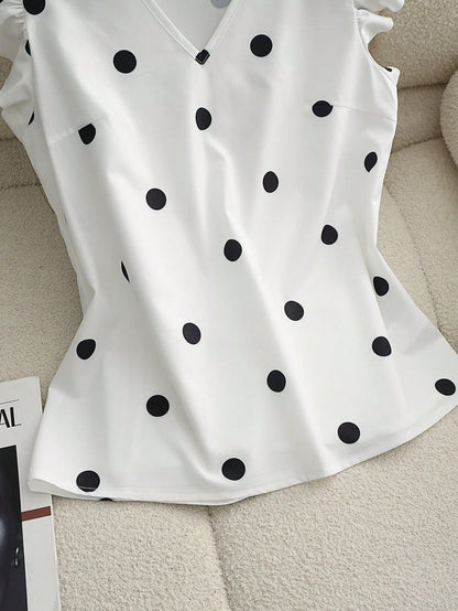 Franclia Women's Elegant White With Black Polka Dots Blouse,Ruffle Flutter Sleeve V-Neck Pullover,Office Business Casual Tops For Summer Vacation Wear