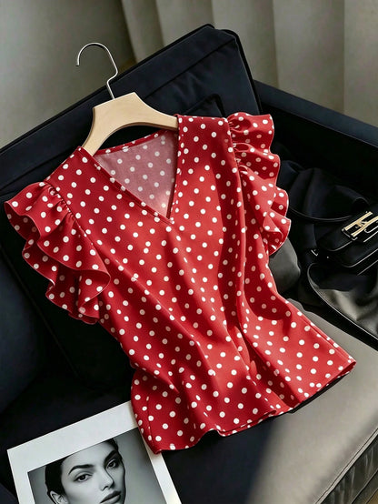 Franclia Women's Elegant White With Black Polka Dots Blouse,Ruffle Flutter Sleeve V-Neck Pullover,Office Business Casual Tops For Summer Vacation Wear