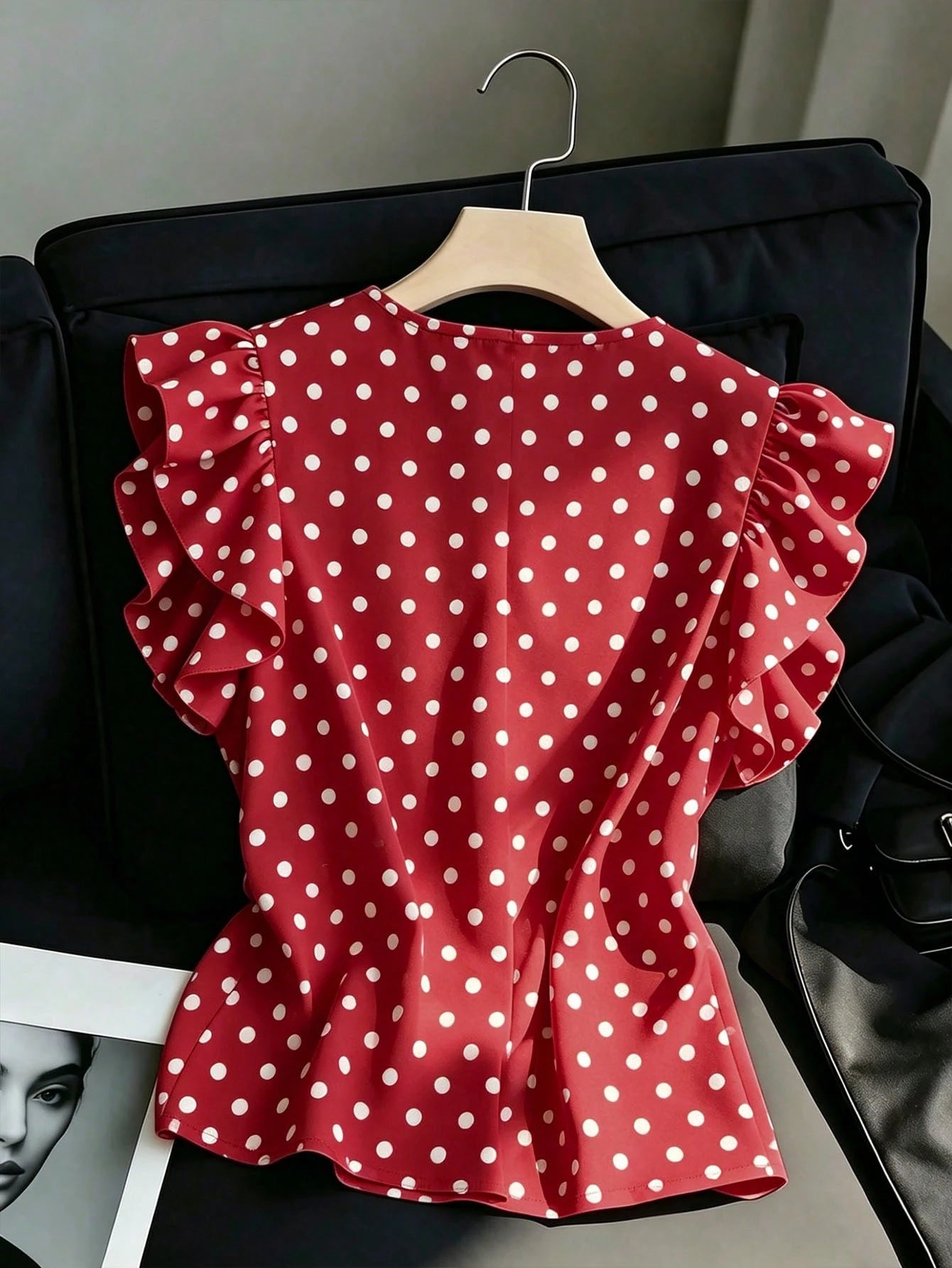 Franclia Women's Elegant White With Black Polka Dots Blouse,Ruffle Flutter Sleeve V-Neck Pullover,Office Business Casual Tops For Summer Vacation Wear