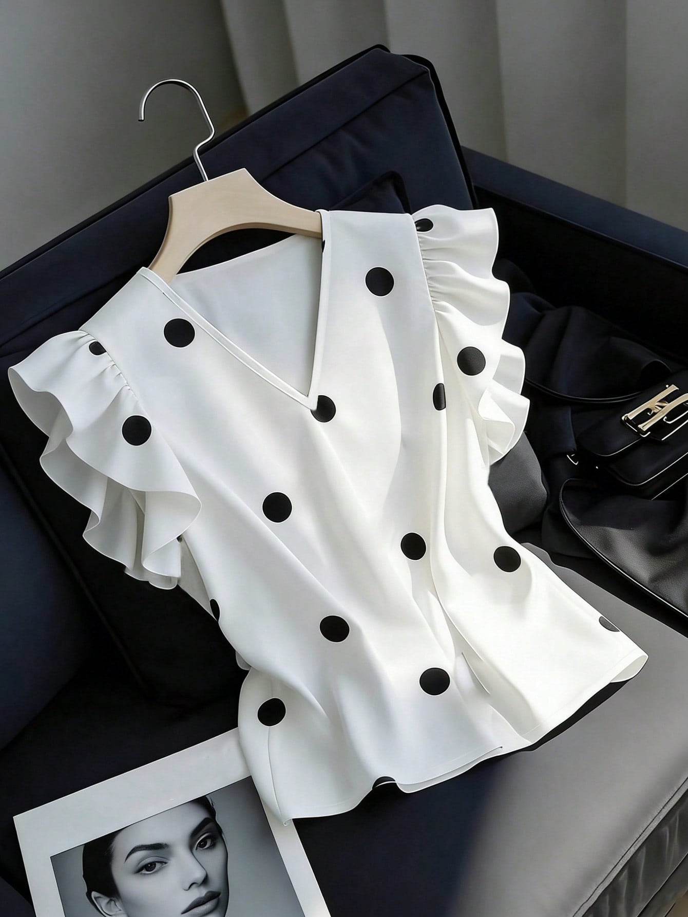 Franclia Women's Elegant White With Black Polka Dots Blouse,Ruffle Flutter Sleeve V-Neck Pullover,Office Business Casual Tops For Summer Vacation Wear