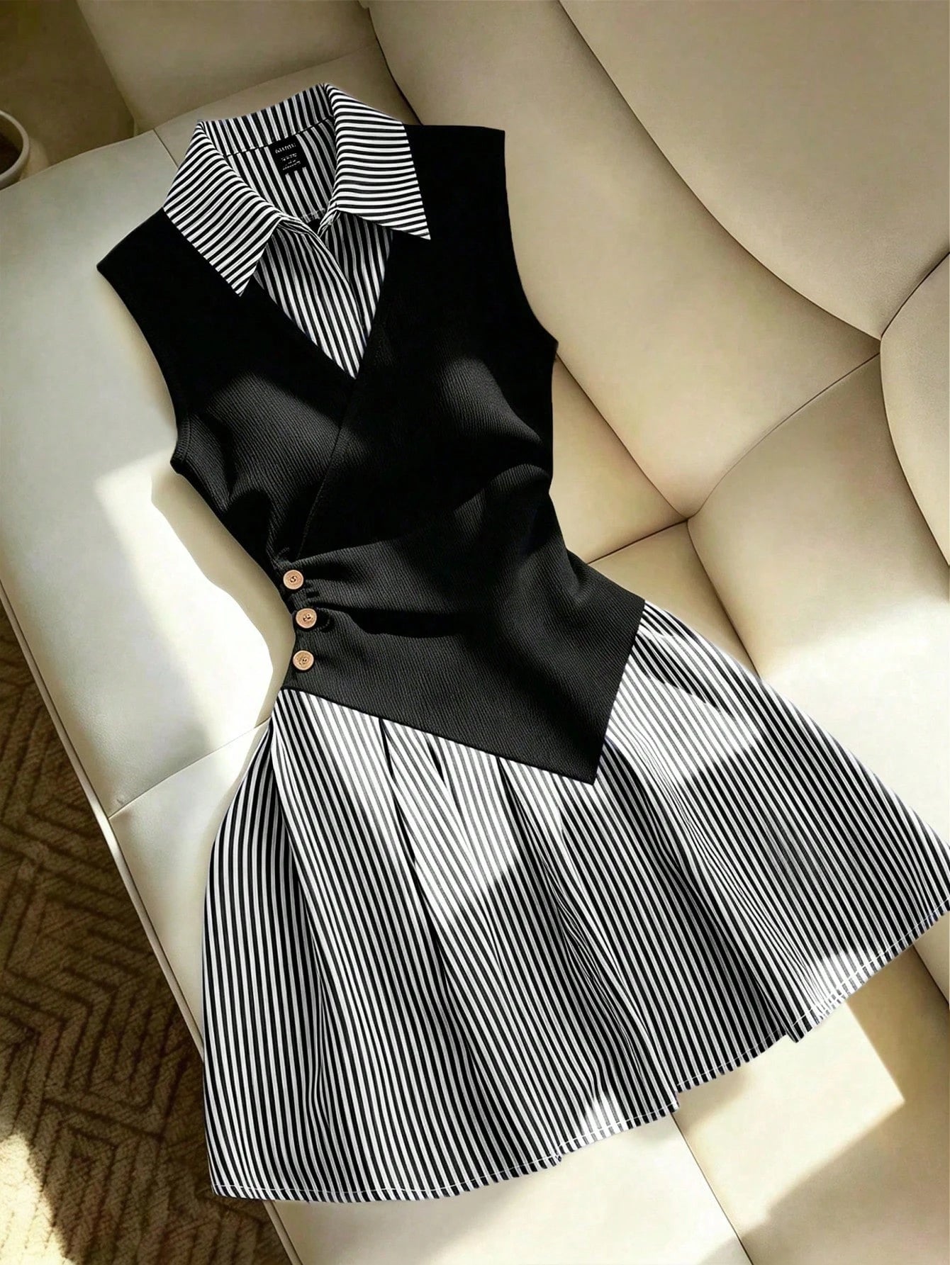 Franclia Women's Loose Casual Fashion Black Patchwork Striped Ruched A-Line Dress