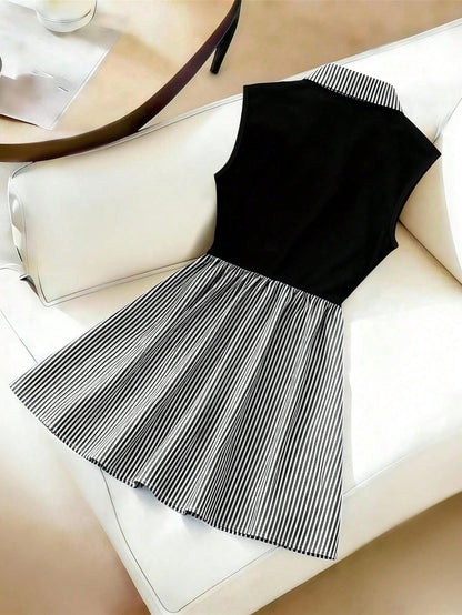 Franclia Women's Loose Casual Fashion Black Patchwork Striped Ruched A-Line Dress