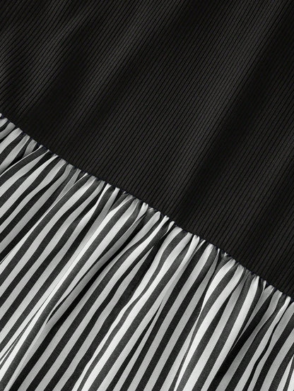Franclia Women's Loose Casual Fashion Black Patchwork Striped Ruched A-Line Dress