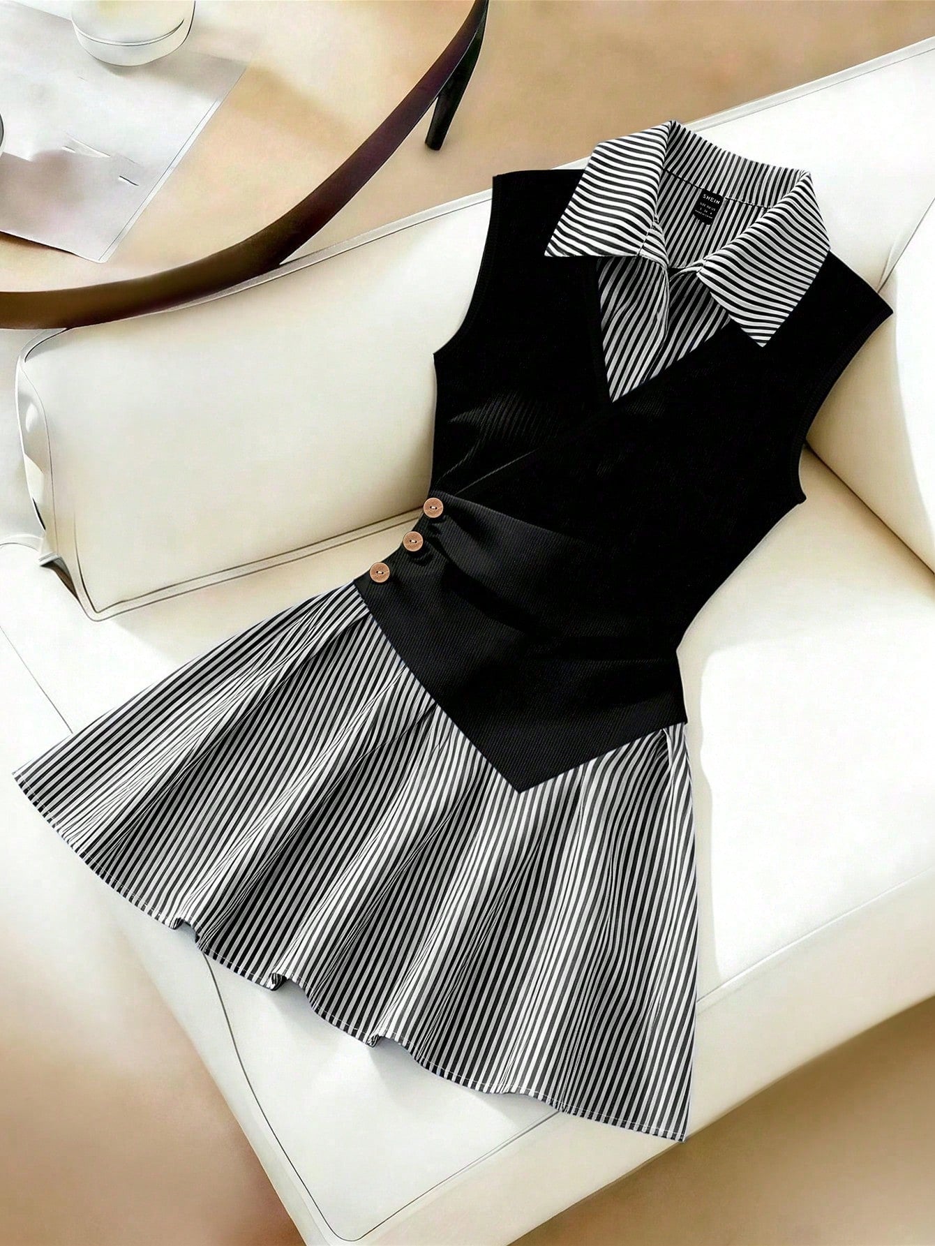 Franclia Women's Loose Casual Fashion Black Patchwork Striped Ruched A-Line Dress