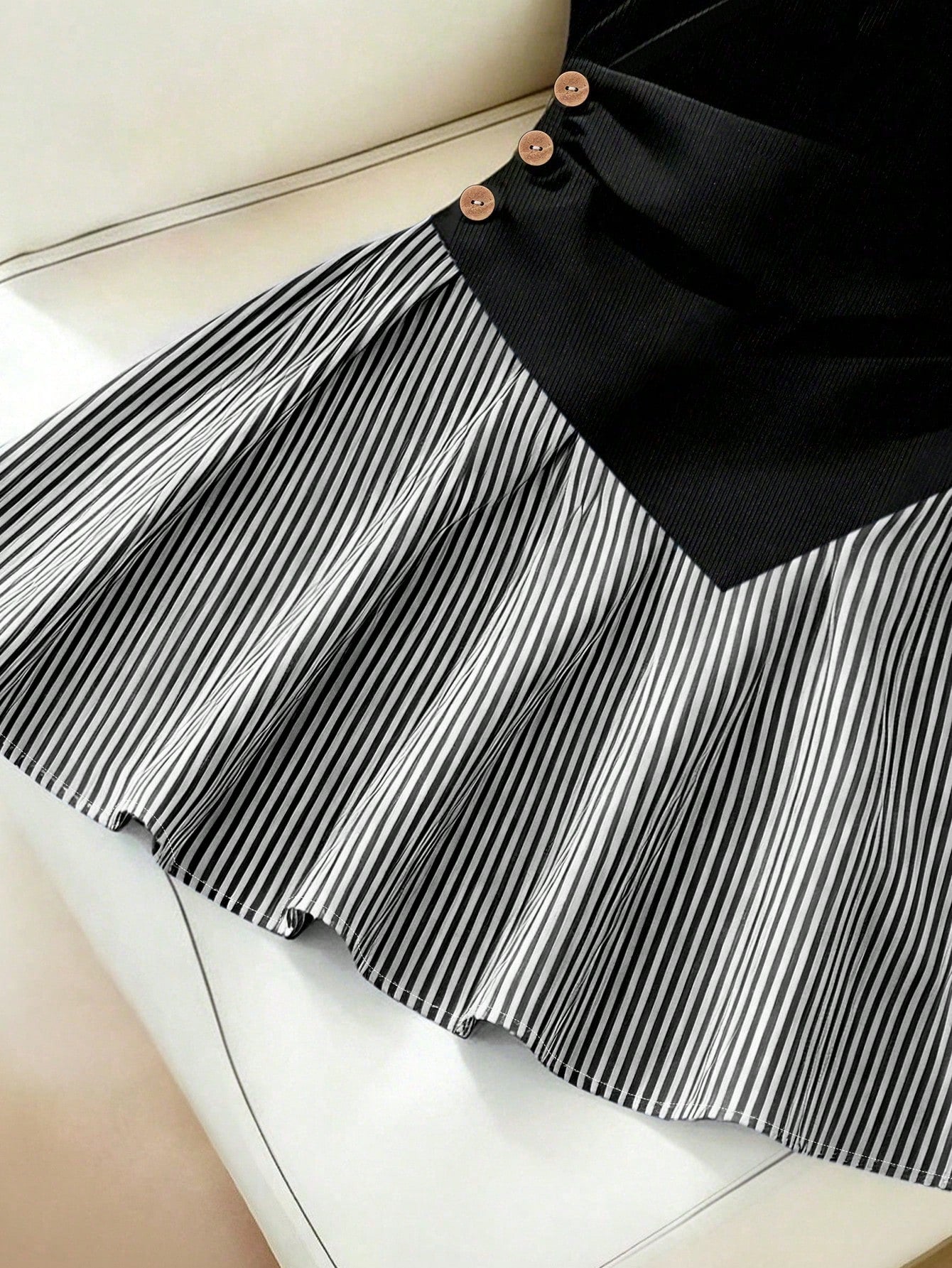Franclia Women's Loose Casual Fashion Black Patchwork Striped Ruched A-Line Dress