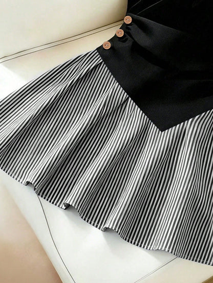 Franclia Women's Loose Casual Fashion Black Patchwork Striped Ruched A-Line Dress