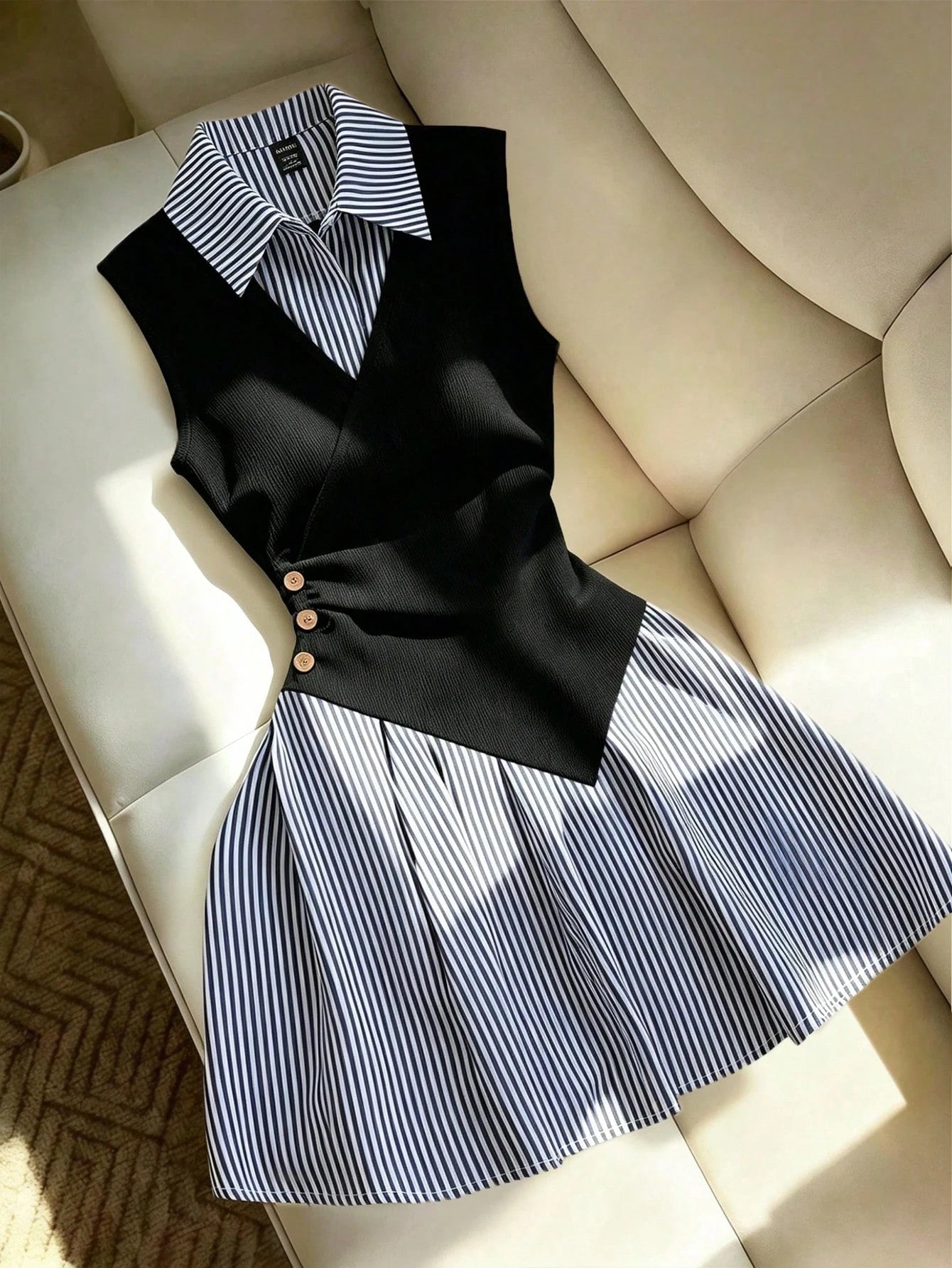 Franclia Women's Loose Casual Fashion Black Patchwork Striped Ruched A-Line Dress