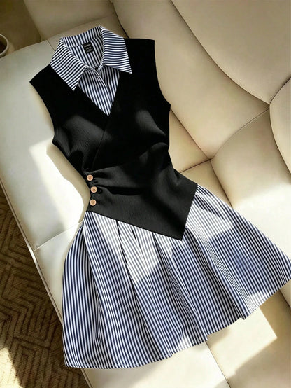 Franclia Women's Loose Casual Fashion Black Patchwork Striped Ruched A-Line Dress