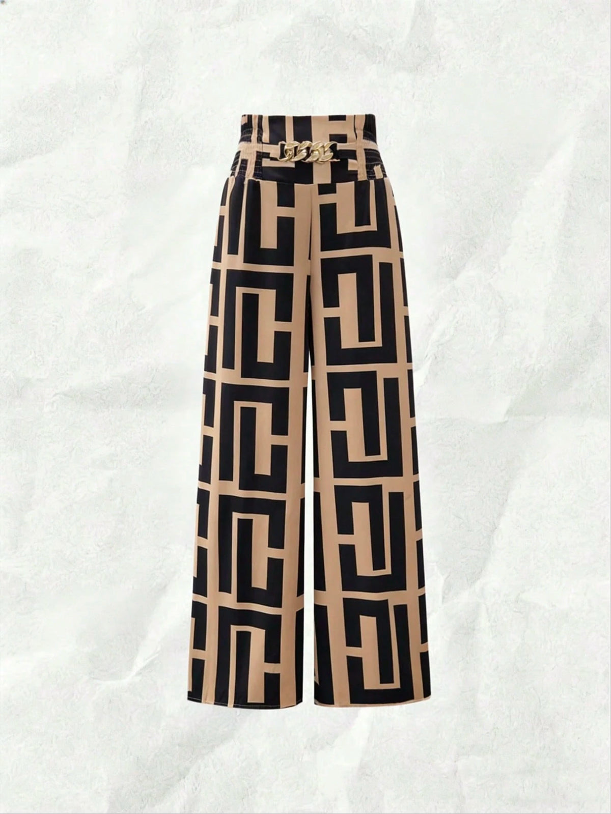 Franclia Women's New High Waist Metal Buckle Belt Geometric Print Wide Leg Pants