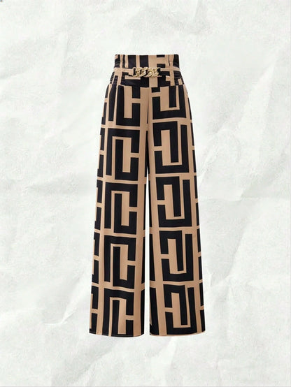 Franclia Women's New High Waist Metal Buckle Belt Geometric Print Wide Leg Pants