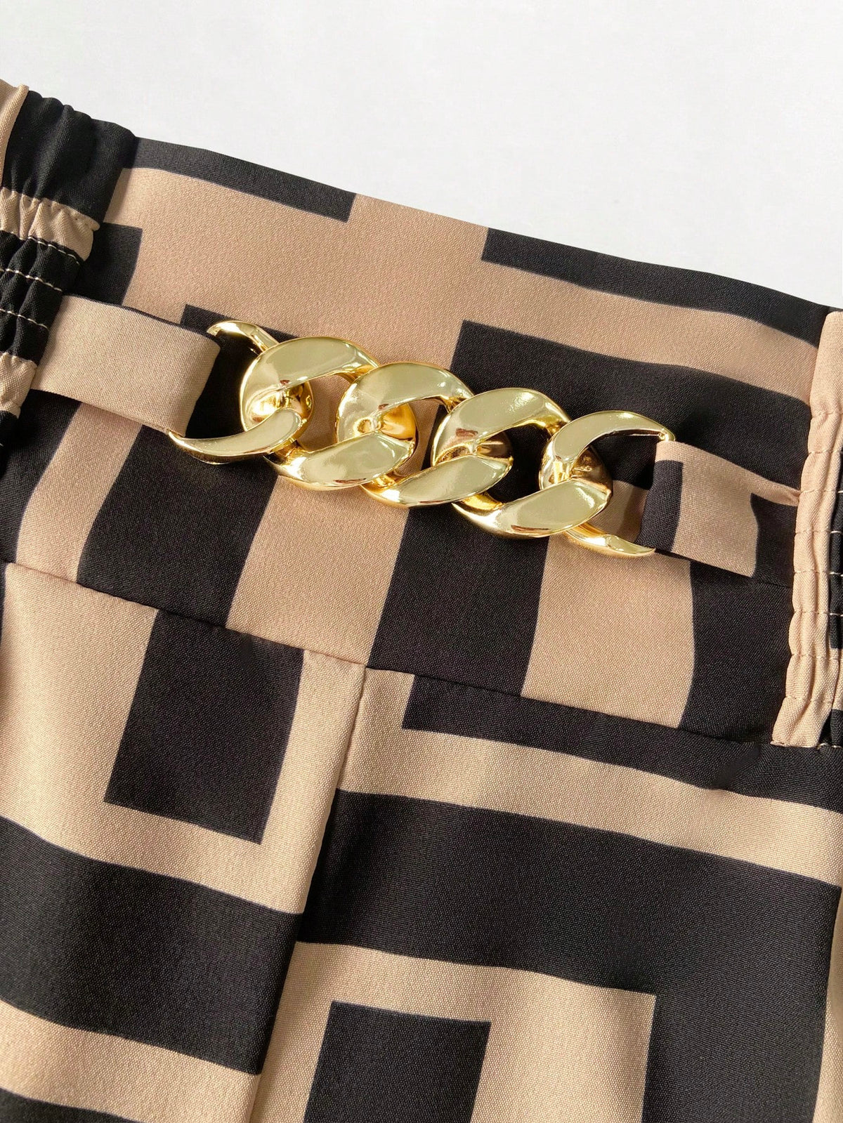 Franclia Women's New High Waist Metal Buckle Belt Geometric Print Wide Leg Pants