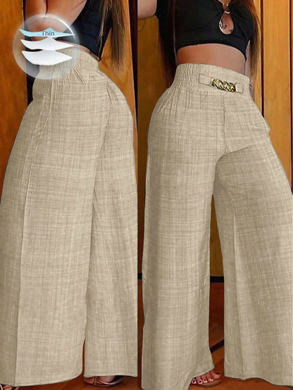 Franclia Women's New High Waist Metal Buckle Belt Geometric Print Wide Leg Pants