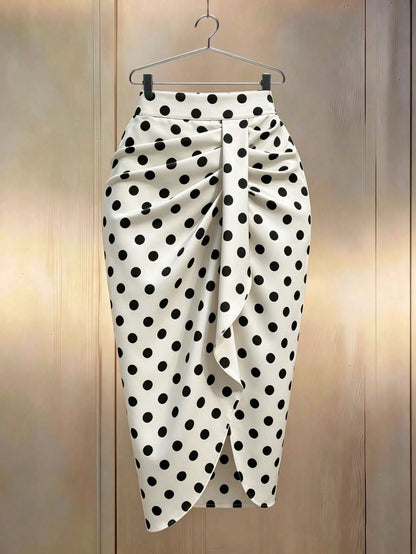 Franclia Women's Polka Dot Print Pleated Asymmetrical Hem Bodycon Skirt