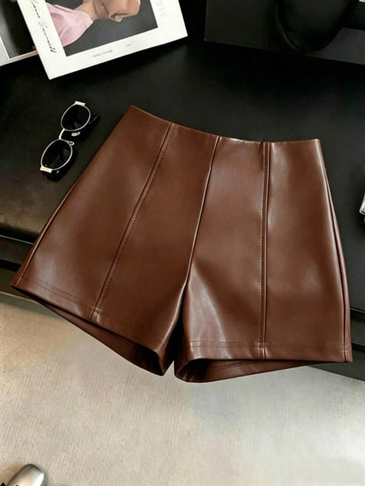 Franclia Women's PU Leather Waist-Cinching Shorts,Shades Of Brown,Summer,Seksi Chic,Date Night,Elegant Y2K Style,Versatile Commuting Business Attire