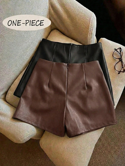 Franclia Women's PU Leather Waist-Cinching Shorts,Shades Of Brown,Summer,Seksi Chic,Date Night,Elegant Y2K Style,Versatile Commuting Business Attire