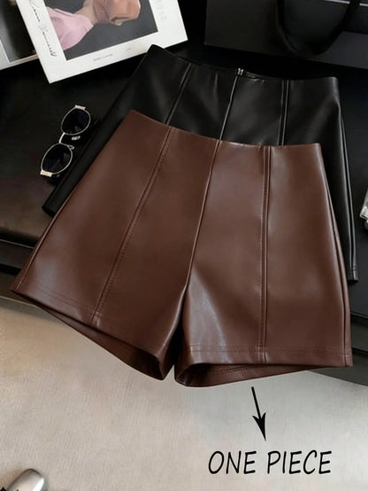 Franclia Women's PU Leather Waist-Cinching Shorts,Shades Of Brown,Summer,Seksi Chic,Date Night,Elegant Y2K Style,Versatile Commuting Business Attire