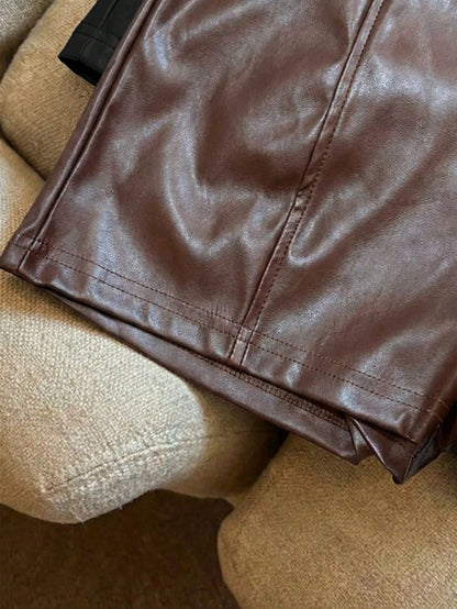 Franclia Women's PU Leather Waist-Cinching Shorts,Shades Of Brown,Summer,Seksi Chic,Date Night,Elegant Y2K Style,Versatile Commuting Business Attire