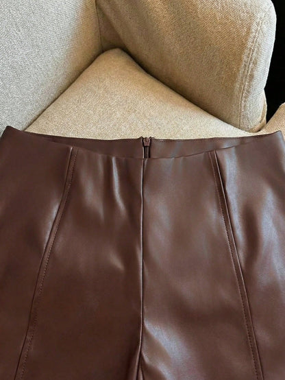 Franclia Women's PU Leather Waist-Cinching Shorts,Shades Of Brown,Summer,Seksi Chic,Date Night,Elegant Y2K Style,Versatile Commuting Business Attire