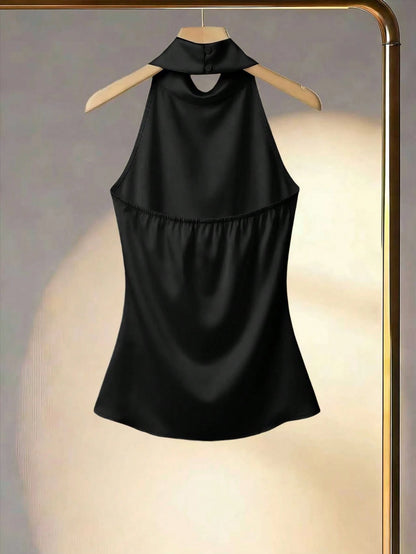 Franclia Women's Solid Color Halter Neck Drape Elegant Fitted Blouse, Summer
