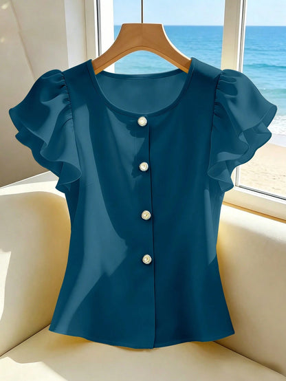 Franclia Women's Solid Color Ruffle Sleeve Round Neck Shirt, Yellow, Fashion Versatile French Style Short Pearl Button Decorated Blouse, Elegant Summer Top