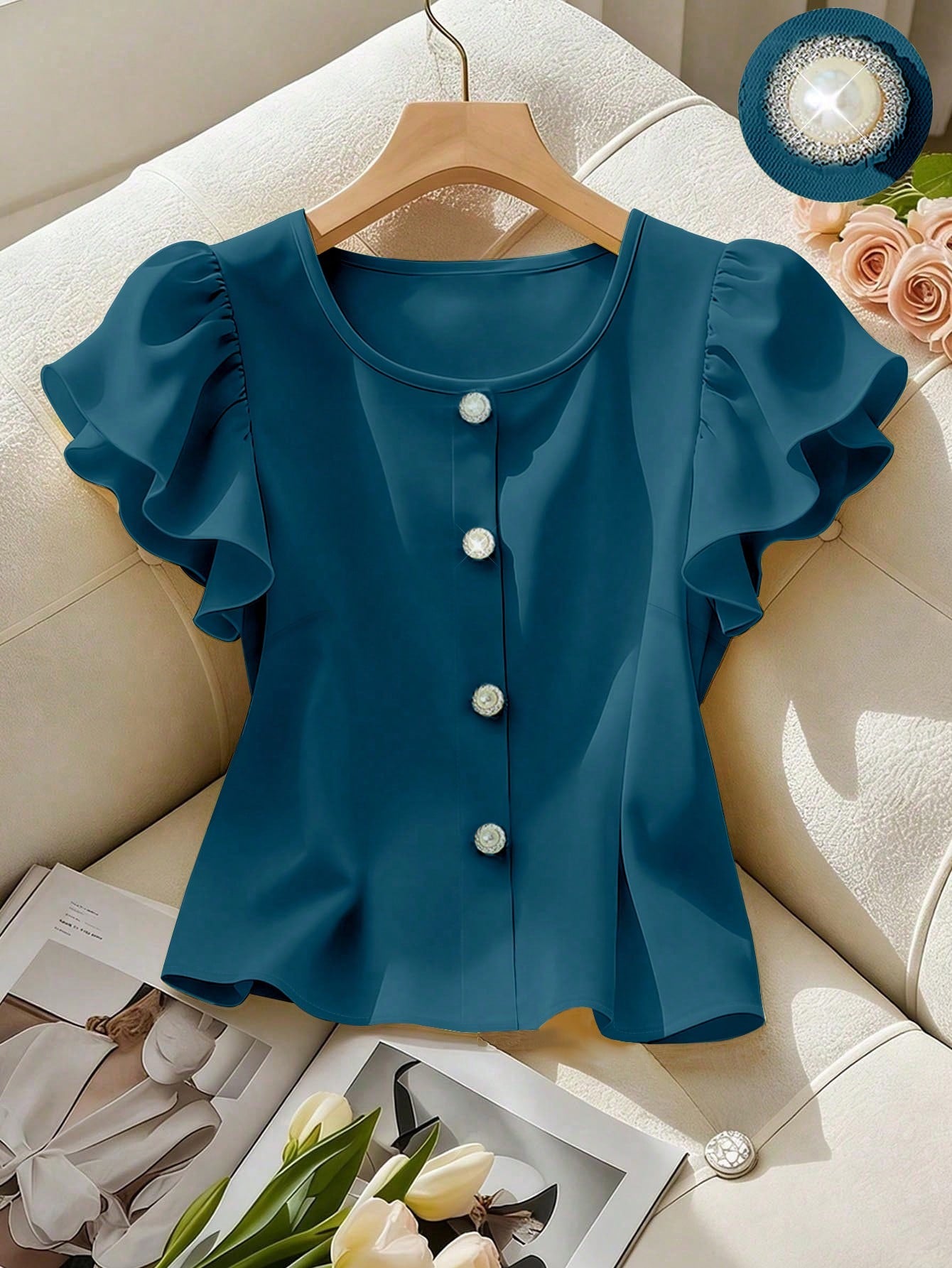 Franclia Women's Solid Color Ruffle Sleeve Round Neck Shirt, Yellow, Fashion Versatile French Style Short Pearl Button Decorated Blouse, Elegant Summer Top