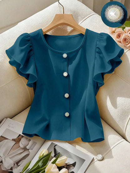 Franclia Women's Solid Color Ruffle Sleeve Round Neck Shirt, Yellow, Fashion Versatile French Style Short Pearl Button Decorated Blouse, Elegant Summer Top