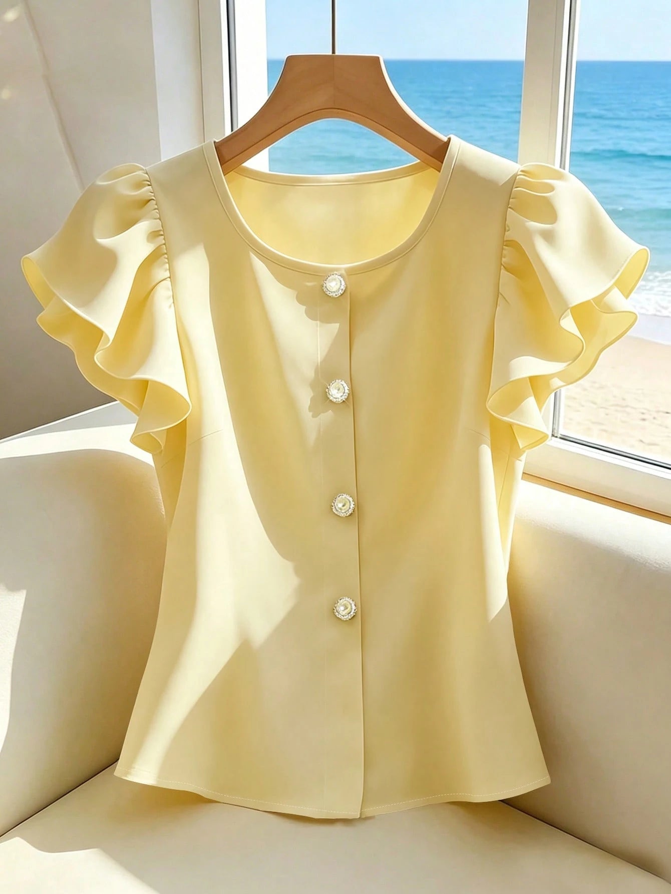 Franclia Women's Solid Color Ruffle Sleeve Round Neck Shirt, Yellow, Fashion Versatile French Style Short Pearl Button Decorated Blouse, Elegant Summer Top
