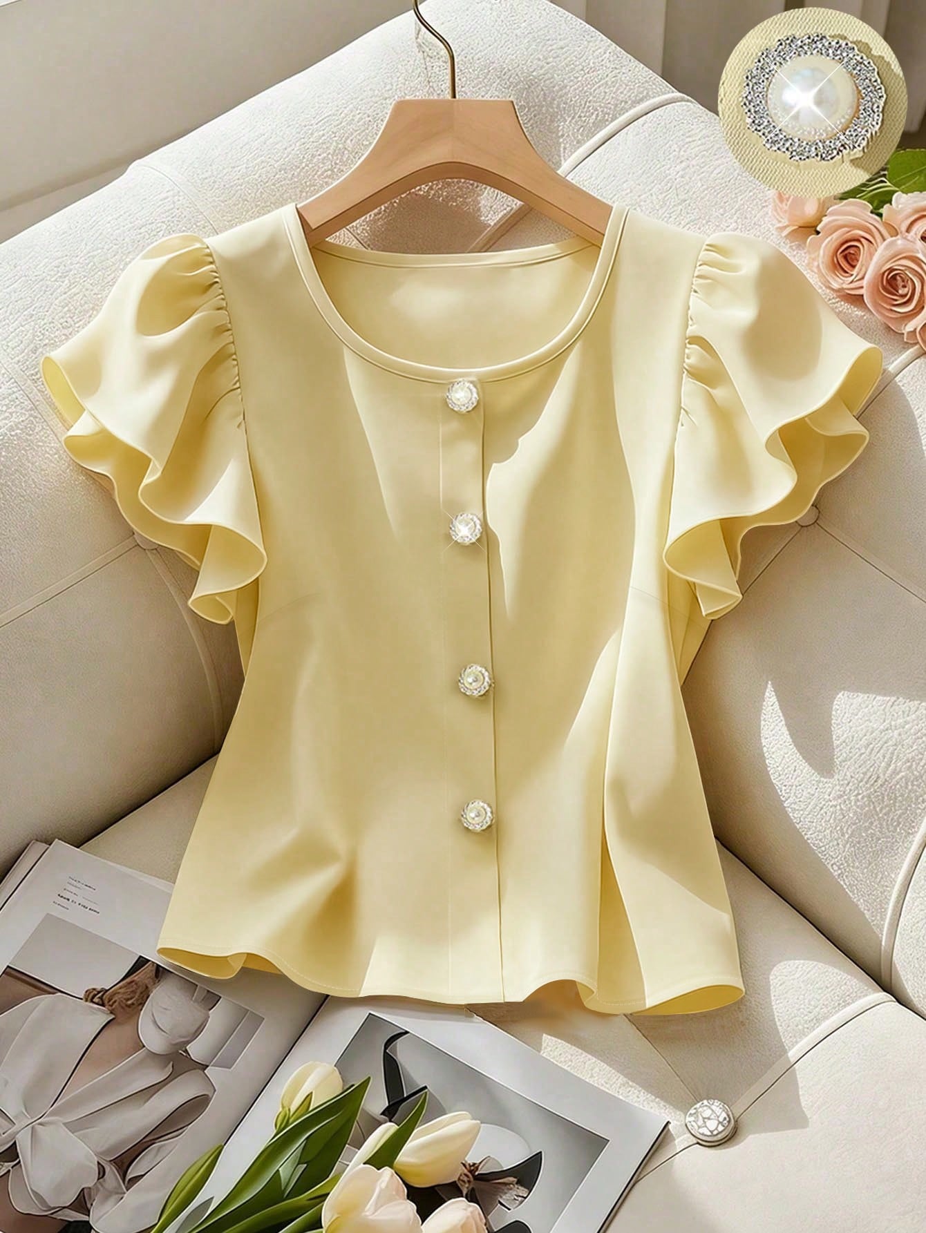 Franclia Women's Solid Color Ruffle Sleeve Round Neck Shirt, Yellow, Fashion Versatile French Style Short Pearl Button Decorated Blouse, Elegant Summer Top