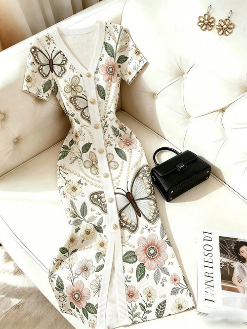 Franclia Women's Summer French Elegant Butterfly & Floral Pattern V-Neck Short Sleeve Fitted Dress