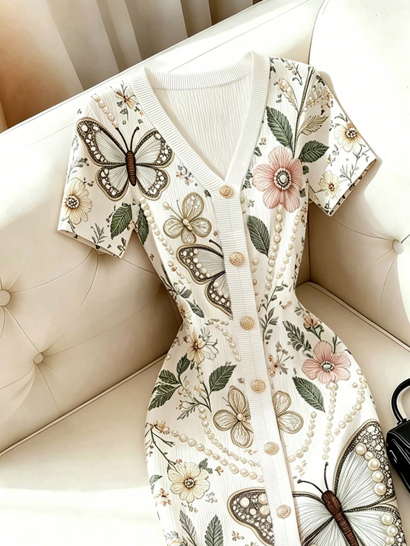 Franclia Women's Summer French Elegant Butterfly & Floral Pattern V-Neck Short Sleeve Fitted Dress
