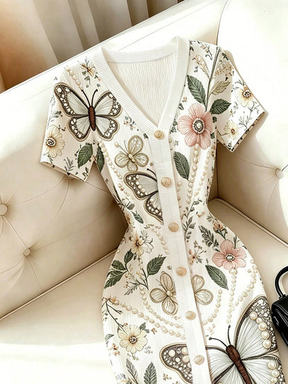 Franclia Women's Summer French Elegant Butterfly & Floral Pattern V-Neck Short Sleeve Fitted Dress