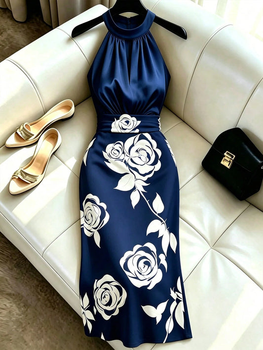 Franclia Women's Summer Halter Neck Sleeveless Floral Print Satin Dress, Gold Glossy Fabric Elegant Dress, Suitable For Beach, Vacation, Party, Graduation, Bridesmaid, Evening, Casual, Commuting, Busi
