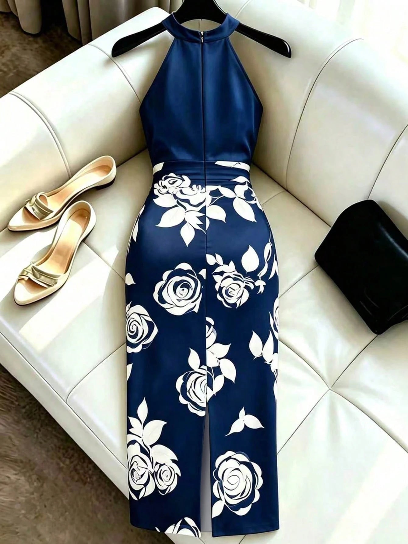 Franclia Women's Summer Halter Neck Sleeveless Floral Print Satin Dress, Gold Glossy Fabric Elegant Dress, Suitable For Beach, Vacation, Party, Graduation, Bridesmaid, Evening, Casual, Commuting, Busi